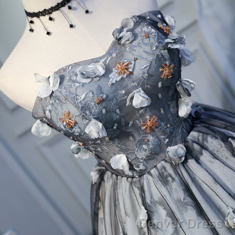 Unique Grey Floral Sweetheart Short Prom Dress, Homecoming Dresses