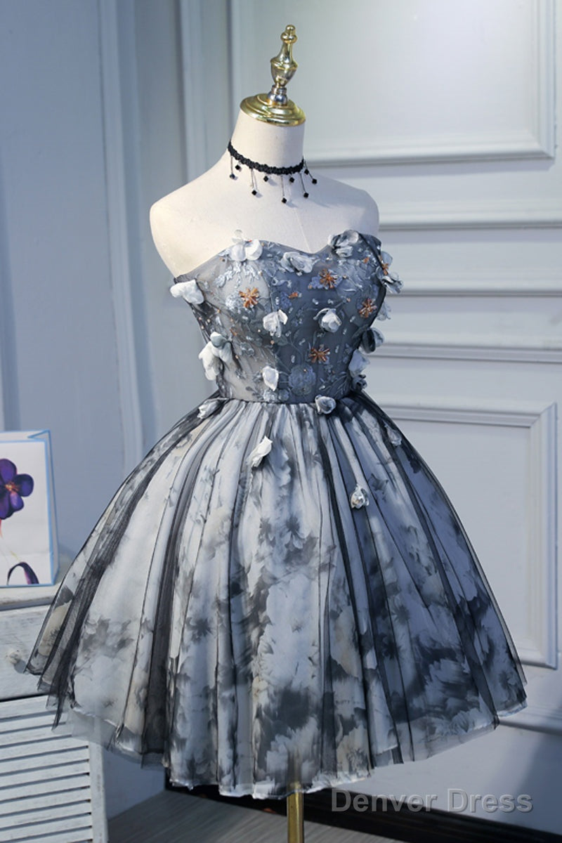 Unique Grey Floral Sweetheart Short Prom Dress, Homecoming Dresses