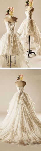 Unique Hi-Low Sweetheart Lace Wedding Dresses, Popular Lace Up Bridal Gowns,