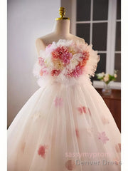 Unique High Low Flower Pink Tulle Sweetheart Prom Dress