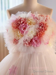 Unique High Low Flower Pink Tulle Sweetheart Prom Dress