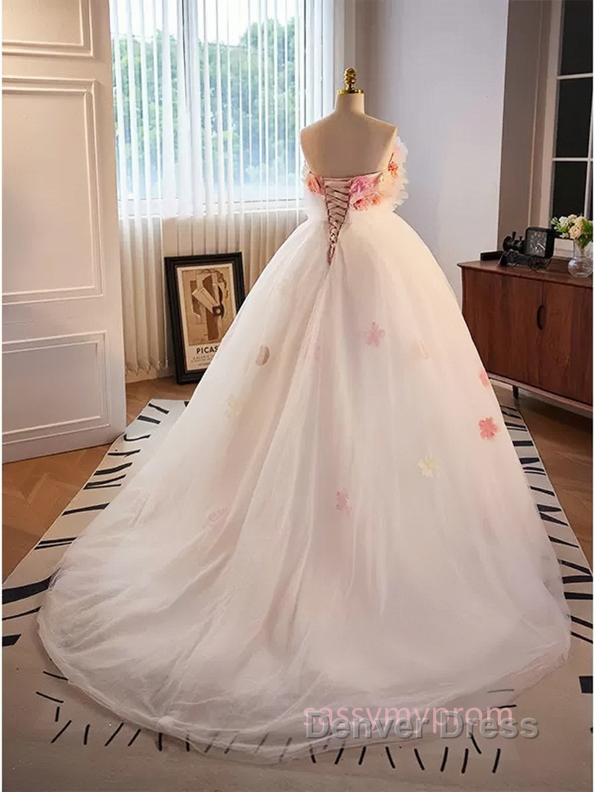 Unique High Low Flower Pink Tulle Sweetheart Prom Dresses
