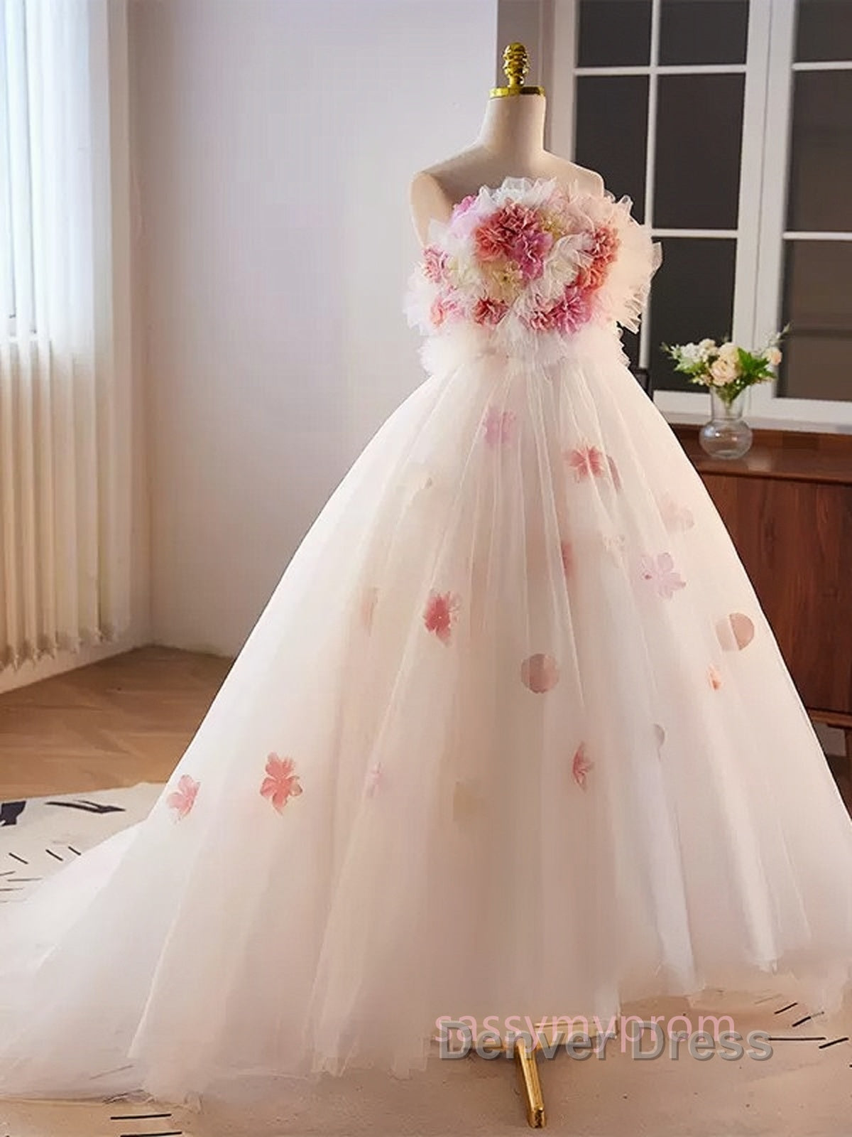 Unique High Low Flower Pink Tulle Sweetheart Prom Dresses