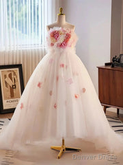 Unique High Low Flower Pink Tulle Sweetheart Prom Dress