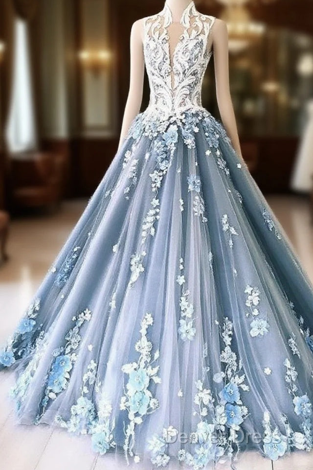 Unique High Neck Tulle Lace Long Prom Dresses Blue Tulle Lace Evening Dresses Main image