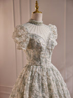 Unique Hight Neck Tulle Lace Tea Length Prom Dress, Light Green Prom Dresses