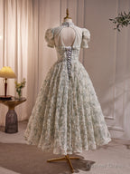 Unique Hight Neck Tulle Lace Tea Length Prom Dress, Light Green Prom Dresses