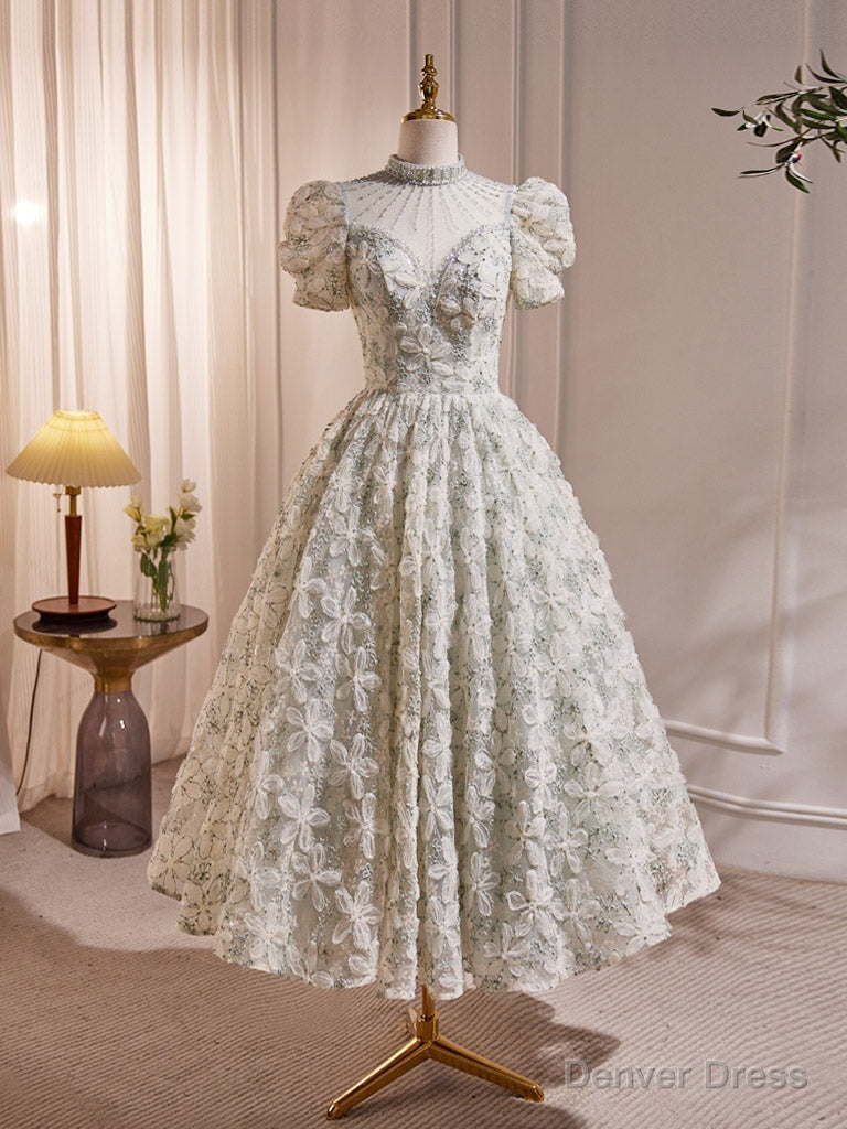 Unique Hight Neck Tulle Lace Tea Length Prom Dress, Light Green Prom Dresses