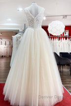 Unique Ivory Long Princess V-neck Tulle Lace Wedding Dresses