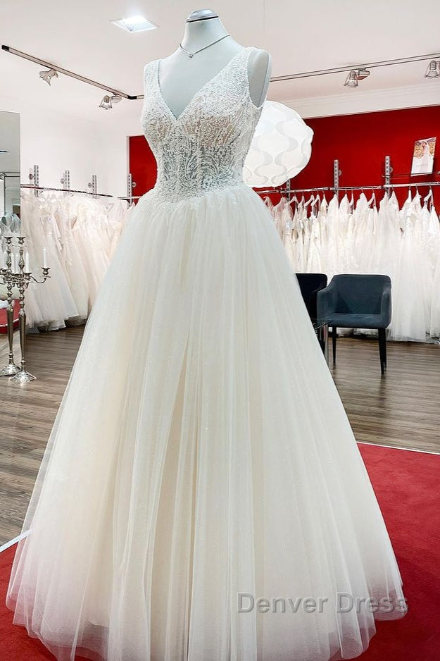 Unique Ivory Long Princess V-neck Tulle Lace Wedding Dresses
