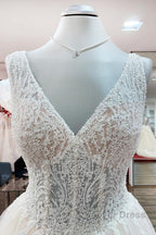 Unique Ivory Long Princess V-neck Tulle Lace Wedding Dresses