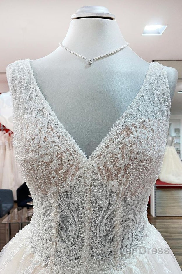 Unique Ivory Long Princess V Neck Tulle Lace Wedding Dresses