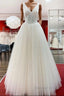 Unique Ivory Long Princess V Neck Tulle Lace Wedding Dresses