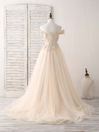Unique  Lace Applique Tulle Long Champagne Prom Dresses Sweet 16 Dress