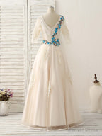 Unique Lace Applique Tulle Long Prom Dress Light Champagne Bridesmaid Dresses