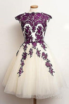 Unique Lace Tulle Short Prom Dress, Lace Bridesmaid Dresses
