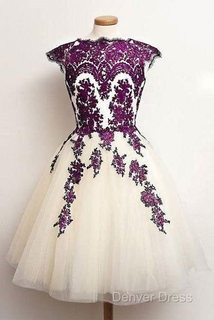 Unique Lace Tulle Short Prom Dress, Lace Bridesmaid Dresses