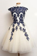 Unique Lace Tulle Short Prom Dress, Lace Bridesmaid Dresses