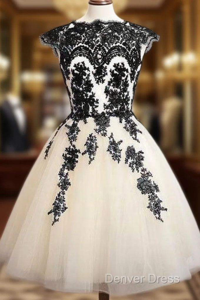 Unique Lace Tulle Short Prom Dress, Lace Bridesmaid Dresses Main image