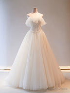 Unique Light Champagne Tulle Long Prom Dress, Tulle Prom Wedding Prom Dresses
