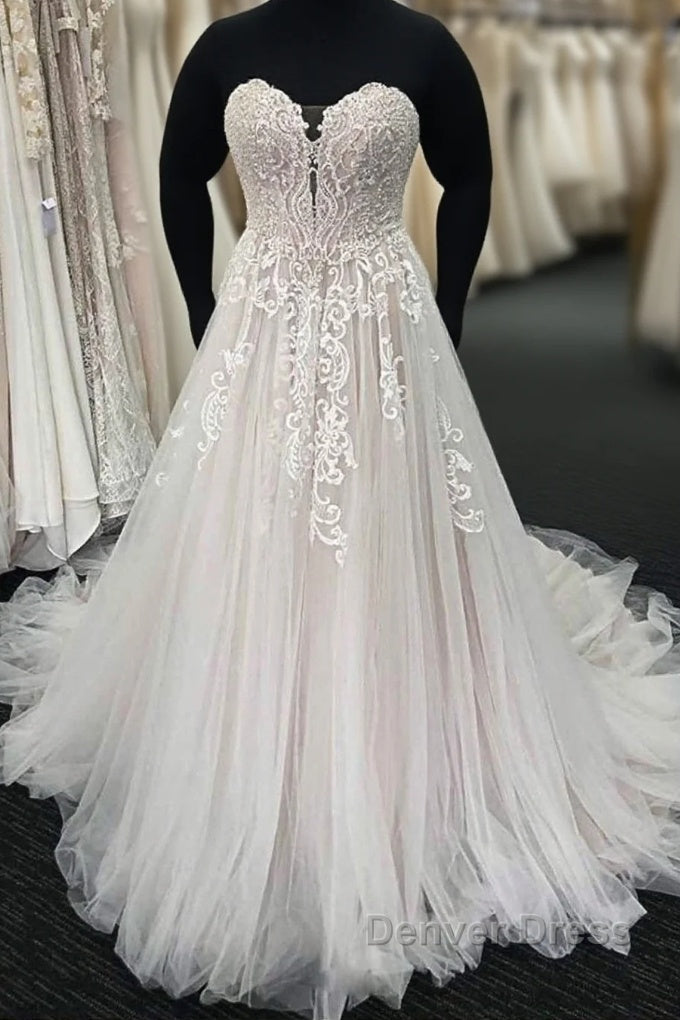 Unique Long A-line Lace Sweetheart Tulle Wedding Dresses Main image