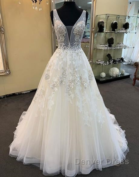 Unique Long A Line Tulle V Neck Beaded Lace Wedding Dresses