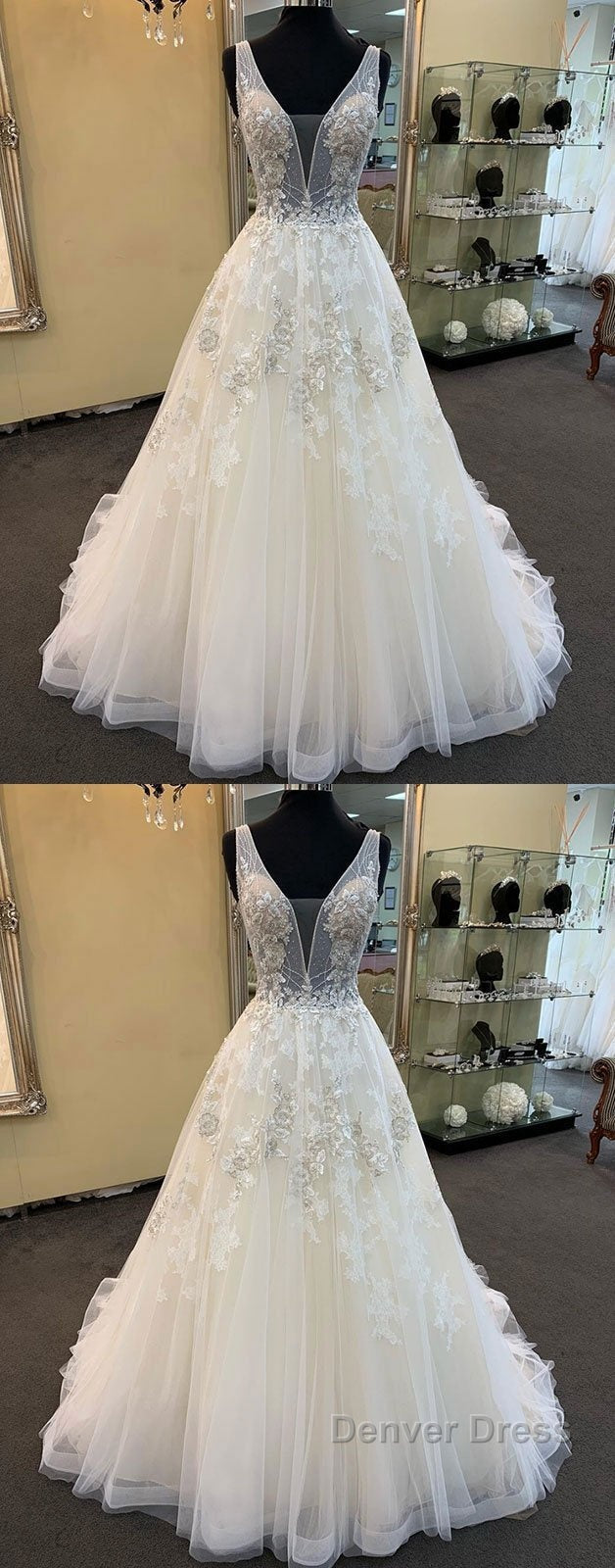 Unique Long A Line Tulle V Neck Beaded Lace Wedding Dresses