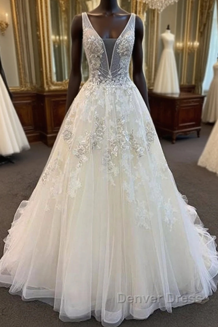 Unique Long A-line Tulle V Neck Beaded Lace Wedding Dresses Main image