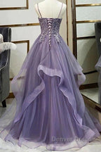 Unique Long Tulle Spaghetti Straps Prom Dresses Evening Dresses With Lace Applique,