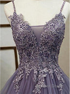 Unique Long Tulle Spaghetti Straps Prom Dresses Evening Dresses With Lace Applique,