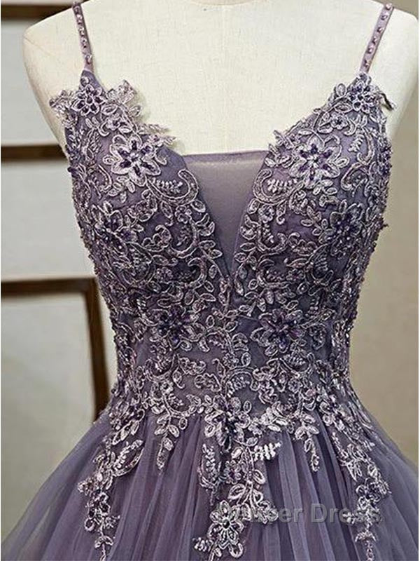 Unique Long Tulle Spaghetti Straps Prom Dresses Evening Dresses With Lace Applique,