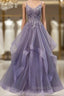 Unique Long Tulle Spaghetti Straps Prom Dresses Evening Dresses With Lace Applique,