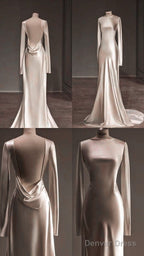 Unique Mermaid Backless Satin Pleats Long Sleeves Wedding Dresses