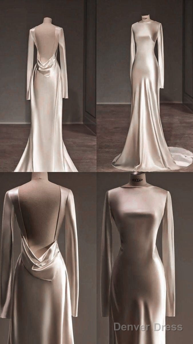 Unique Mermaid Backless Satin Pleats Long Sleeves Wedding Dresses