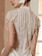 Unique Mermaid High Neckline Pearls Pleats Long White Satin Wedding Dresses