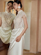 Unique Mermaid High Neckline Pearls Pleats Long White Satin Wedding Dresses