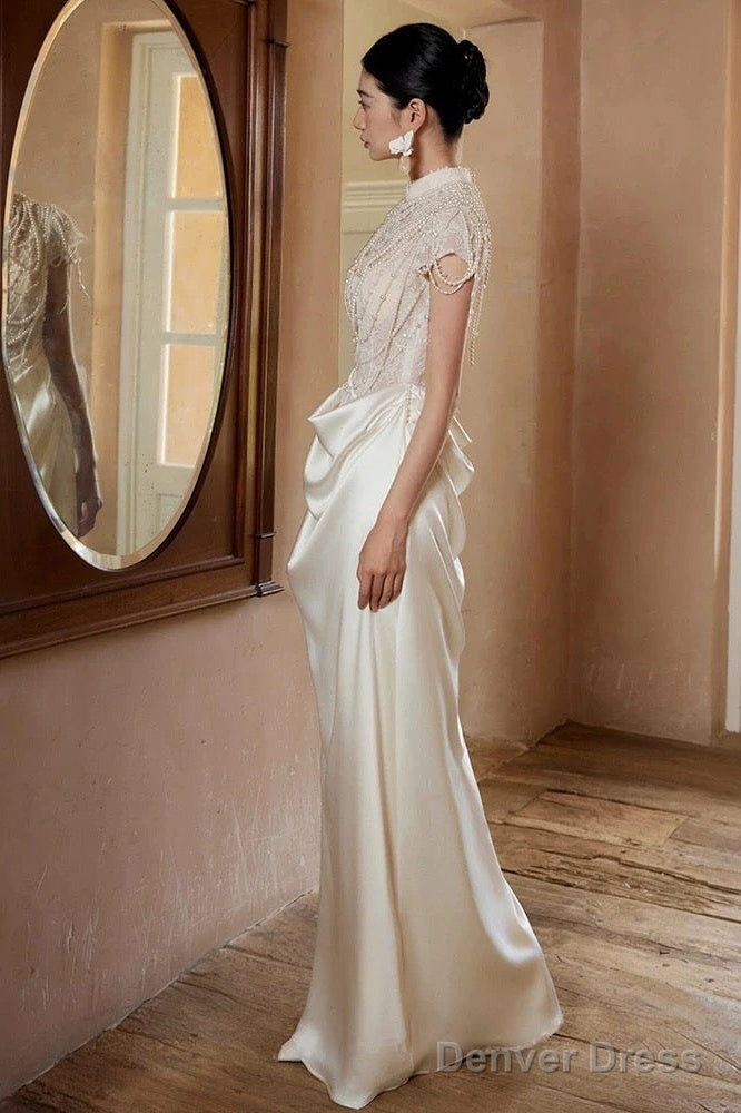 Unique Mermaid High Neckline Pearls Pleats Long White Satin Wedding Dresses