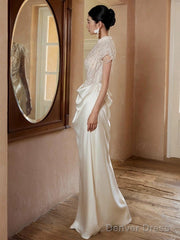 Unique Mermaid High Neckline Pearls Pleats Long White Satin Wedding Dresses