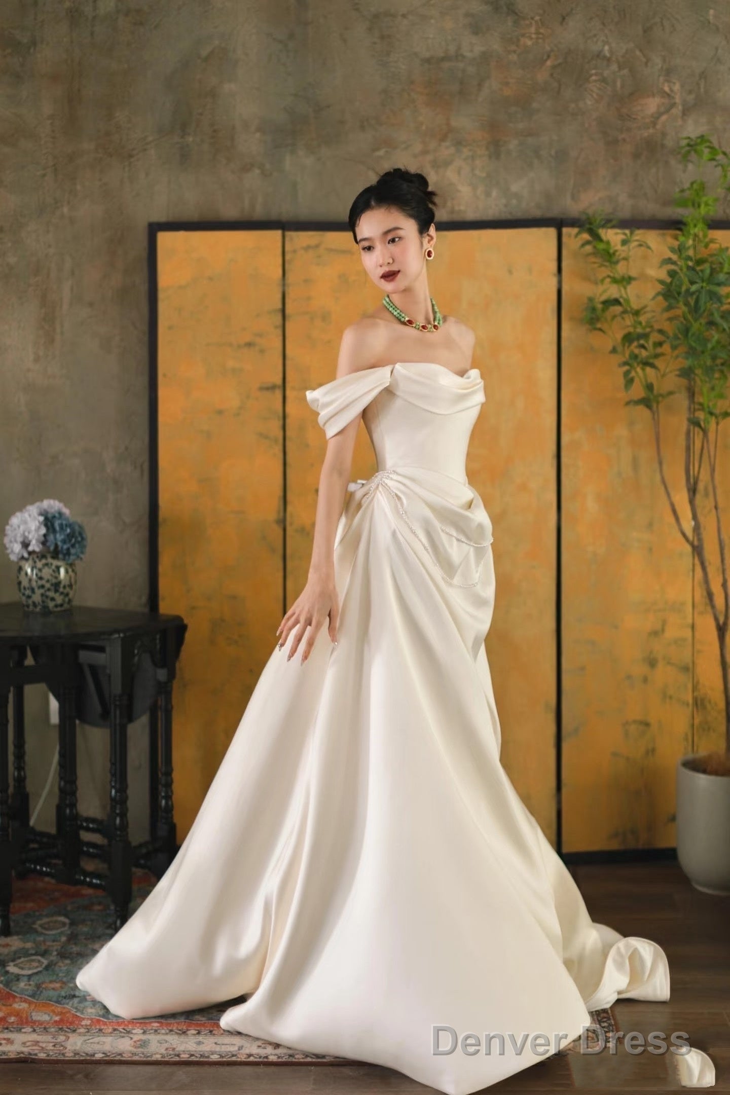 Unique Mermaid Off The Shoulder Ivory Long Wedding Dress With Short Sleeves Brides Dresses