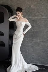 Unique Mermaid Off The Shoulder Long Sleeves Wedding Dresses Ivory Brides Dress