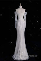 Unique Mermaid Off The Shoulder Long Sleeves Wedding Dress Sequin Brides Dresses