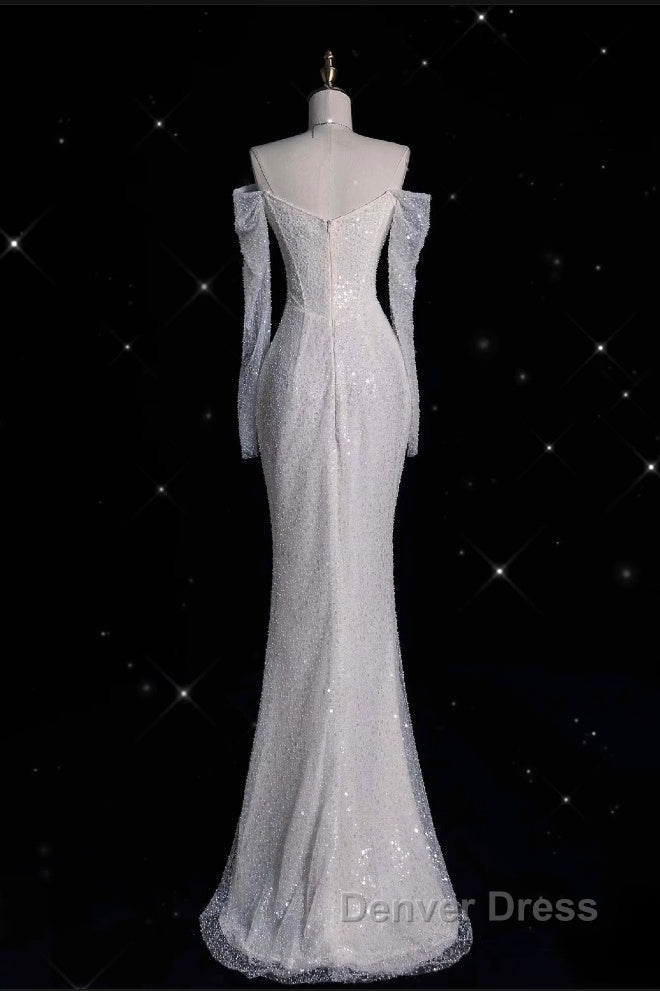 Unique Mermaid Off The Shoulder Long Sleeves Wedding Dress Sequin Brides Dresses