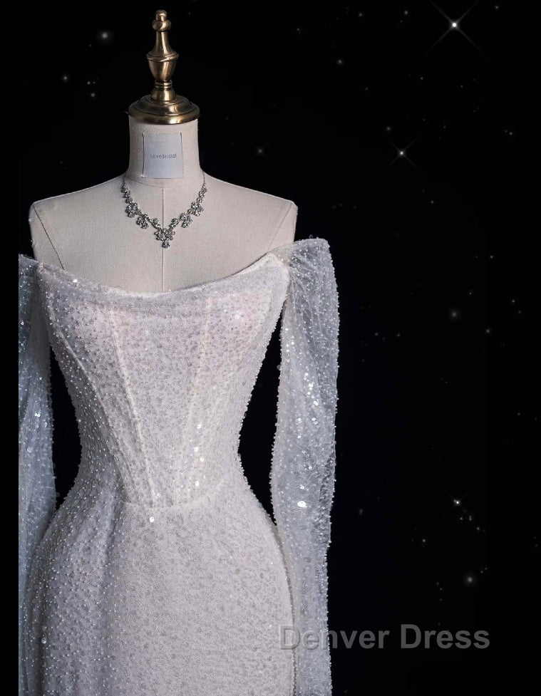 Unique Mermaid Off The Shoulder Long Sleeves Wedding Dresses Sequin Brides Dresses