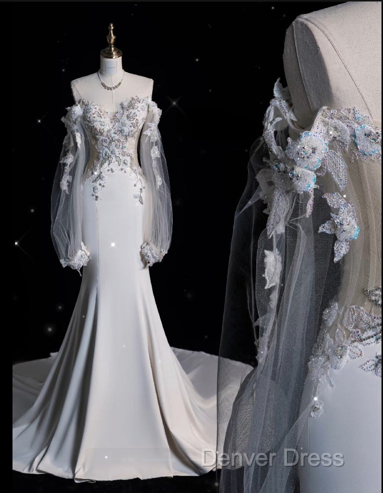 Unique Mermaid Off The Shoulder Long Tulle White Wedding Dresses Brides Dresses Secondary image