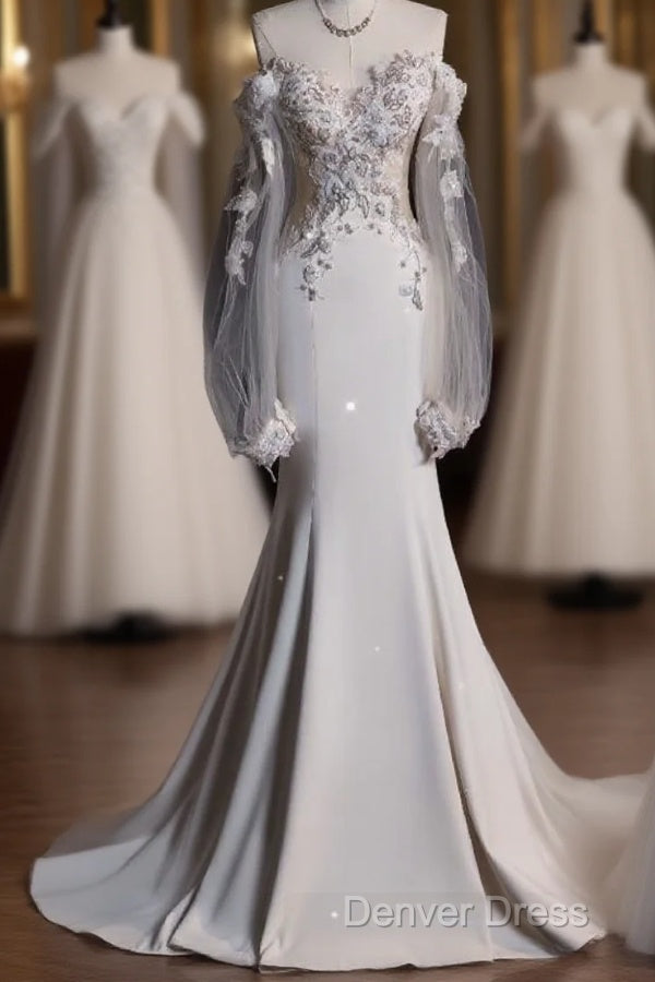 Unique Mermaid Off The Shoulder Long Tulle White Wedding Dresses Brides Dresses