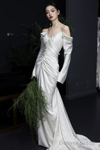 Unique Mermaid Off The Shoulder Pleats Long Sleeves Satin Wedding Dresses