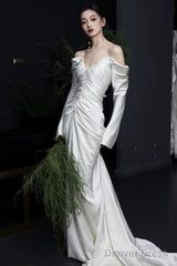 Unique Mermaid Off The Shoulder Pleats Long Sleeves Satin Wedding Dresses