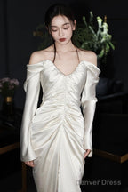 Unique Mermaid Off The Shoulder Pleats Long Sleeves Satin Wedding Dresses