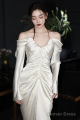 Unique Mermaid Off The Shoulder Pleats Long Sleeves Satin Wedding Dresses