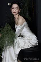 Unique Mermaid Off The Shoulder Pleats Long Sleeves Satin Wedding Dresses